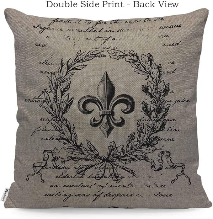 WONDERTIFY Throw Pillow Cover Case Fleur De Lis Flower Vintage Style with Retro Letter - Soft Linen Pillow Case for Decorative Bedroom/Livingroom/Sofa/Car - Couch Pillow Cushion Covers 18x18 Inch