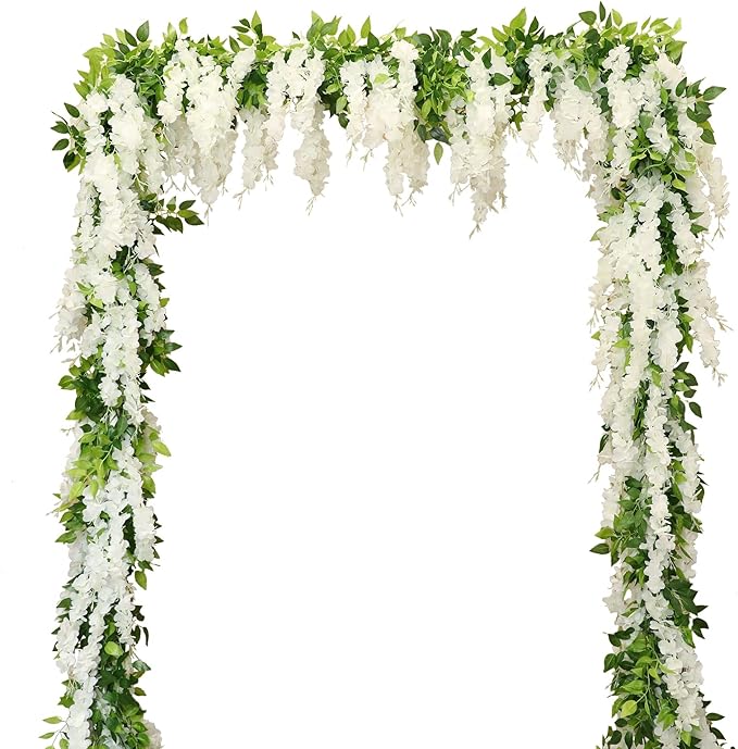 Wisteria Artificial Flowers Garland, 4Pcs Total 28.8ft Silk Faux Wisteria Vine Kit, Hanging Flower Plant for House Outdoor Garden Ceremony Outside Wedding Arch Floral Decor (4, White)