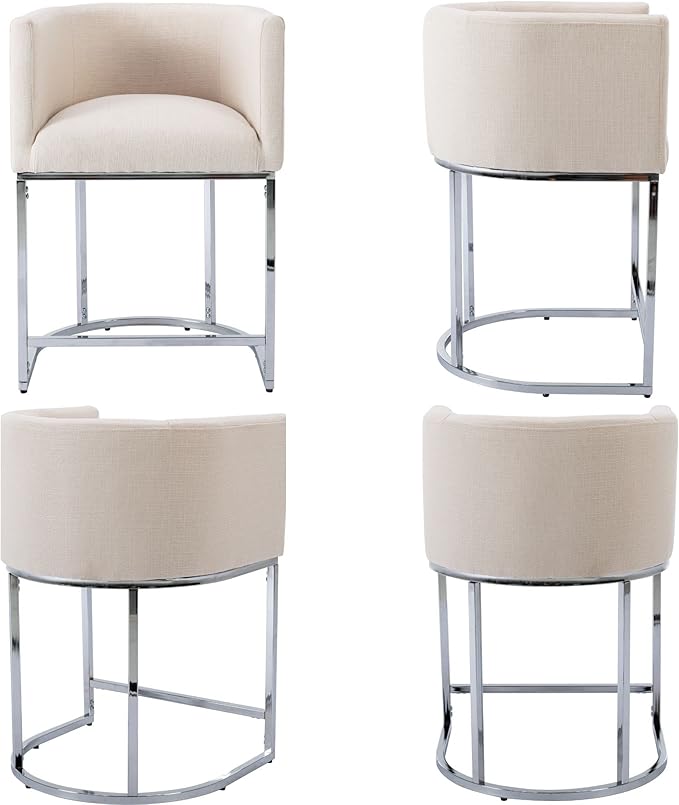 Modern Counter Height Linen Upholstered Bar Stools Set of 2, 24" Kitchen Counter Island Stools Bar Chairs with Chrome Finish Metal Frame for Kitchen Island, Cream