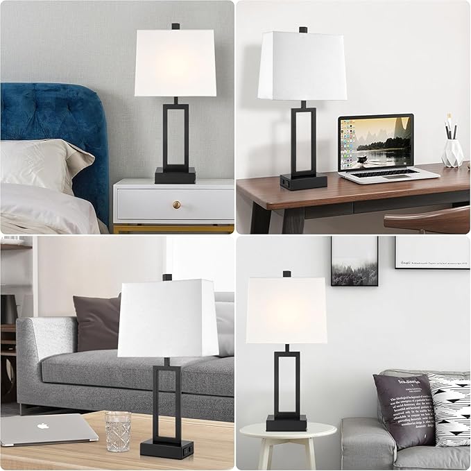 23.5" Touch Control Table Lamps Set of 2, Bedside Lamp with 2 USB Ports & AC Outlet, 3-Way Dimmable Nightstand Lamp with White Linen Shade for Living Room Bedroom End Table Office(2 LED Bulb Included)