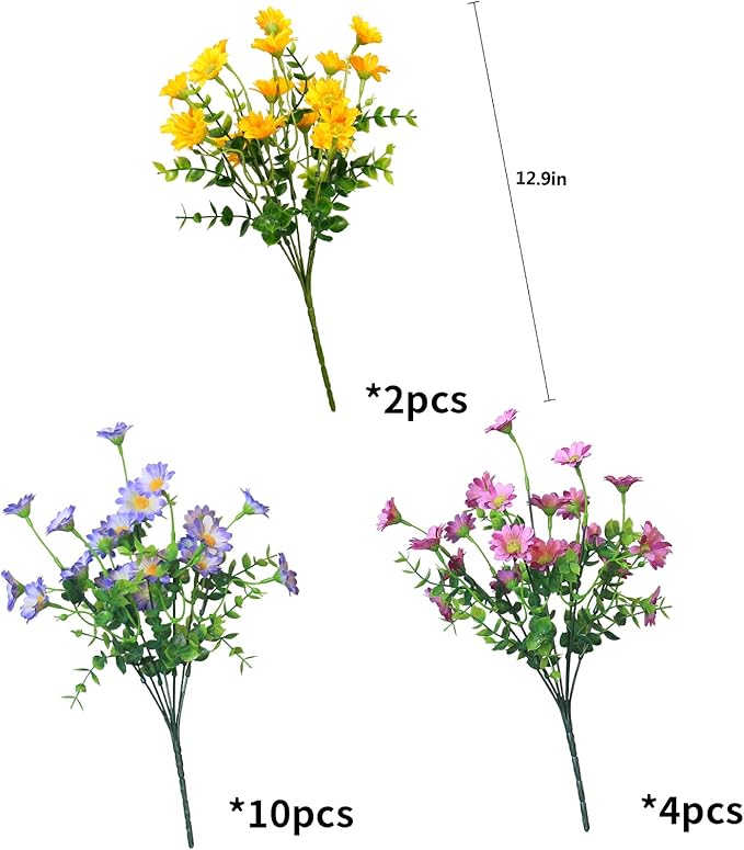 Artificial Plants & Flowers Outdoor 16 Bundles Fade Resistant Wildflowers Fake Daisy Outside Colorful Flowers Spring Summer Decorations for Planter Front Porch Decor(16 Bundles 3 Colors)