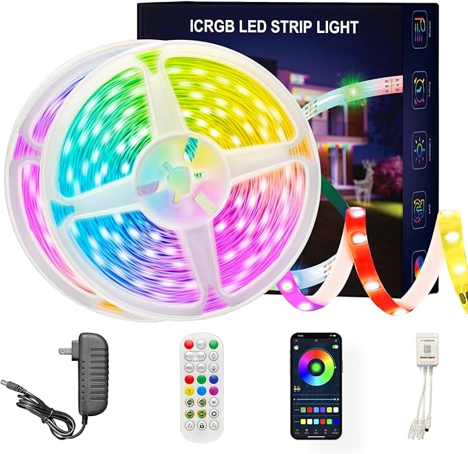 200 ft(2 Rolls of 100ft) IC+RGB,Led Lights for Bedroom,Music Sync Color Changing,with Remote App Control Strip Lights for Room Home Kitchen Decor Party