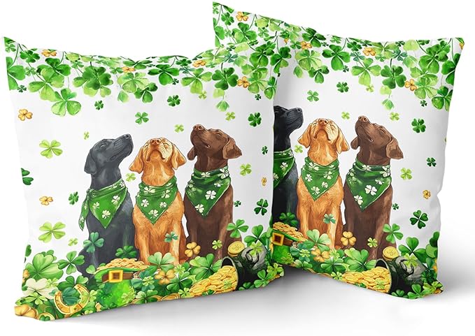 Giwawa Patrick Dogs Pillow Covers Set of 2 18x18inch Lucky Shamrocks Funny Puppy Decorative Square Pillow Cases Spring Clovers Leaf Cotton Throw Cushion Covers for Sofa Couch Patio Bedding