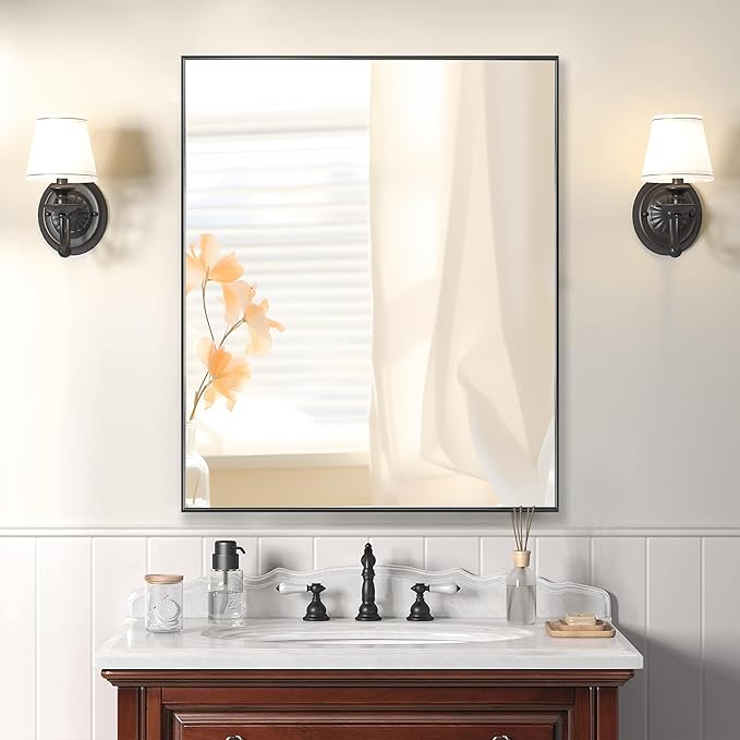 30x36 Inch Black Bathroom Mirror for Wall, Aluminum Frame Rectangle Rectangular Vanity Mirror, Modern Large for Bedroom, Living Room, Horizontal or Vertical