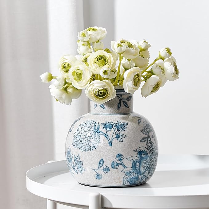 SIDUCAL Blue and White Vintage Vase | 6 Inch Ceramic Chinoiserie Floral | Retro Ice Cracked Blue and White Porcelain Vase for Table, Living Room, Bathroom Decoration, Wedding, Shelf Decor, Mantel