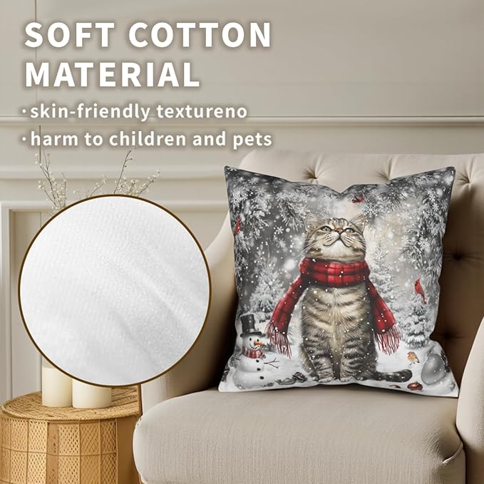 Winter Pillow Covers 18x18 - Cat Throw Pillow Covers Set of 2 Christmas Kitten Snowflake Pillowcases for Couch Sofa