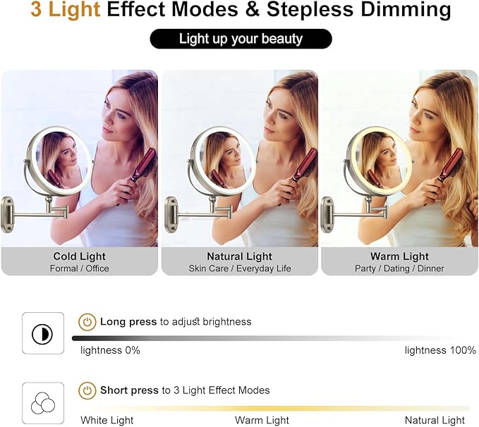 9" Wall Mounted Lighted Makeup Mirror,4000mAh Rechargeable Double Sided 1X/10X Magnifying Mirror with Light,3 Color Lights,Touch Dimmable,Extended Arm 360 Rotation Wall Mounted Makeup Mirror