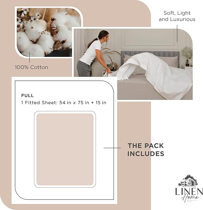 Linen Home 100% Cotton Percale Weave Fitted Sheet, Full Size, Sand Shell, 1 Deep Pocket Fitted Sheet, Fits Mattress Upto 16" Crisp and Cool Strong Bed Linen, 54"X75"+15"