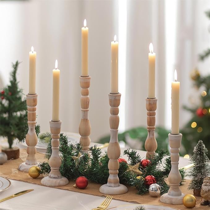 NUPTIO Taper Candle Holders Boho: Set of 6 Tall Wooden Candlestick Holder for Thanksgiving Table Centerpieces Decoration