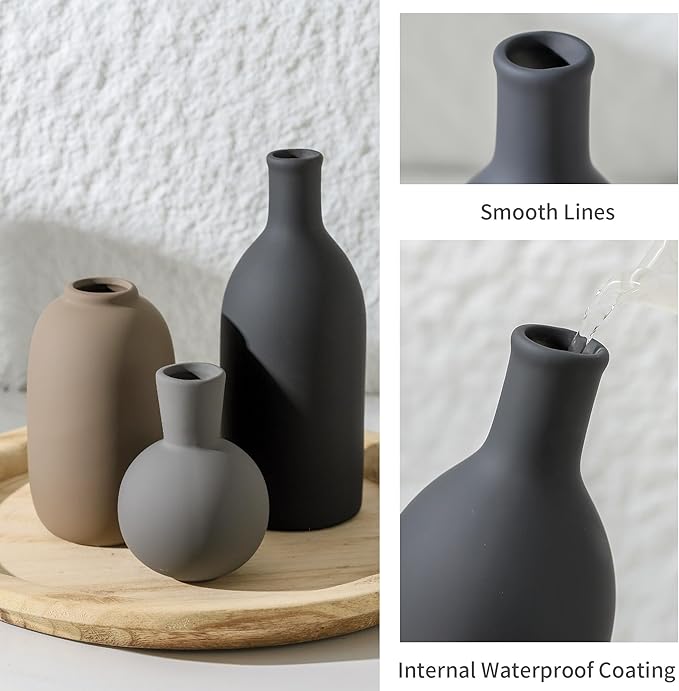 Ceramic Vase Set of 3, Rustic Farmhouse Vases Home Decor Pottery Pampas Vase Decoration Modern Neutral Flowers Vases for Room Decor, Entryway, Living Room, Table, Kitchen, Bedroom - Multicolor