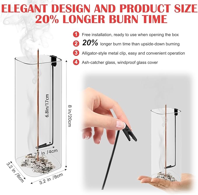 Incense Holder for Sticks, Clean-Burning Design, Top-Down Burning Extends More Time, Incense Stick Holder with Metal Clip, Removable Ash-Catcher Glass, Install-Free, for Yoga, Home Decor