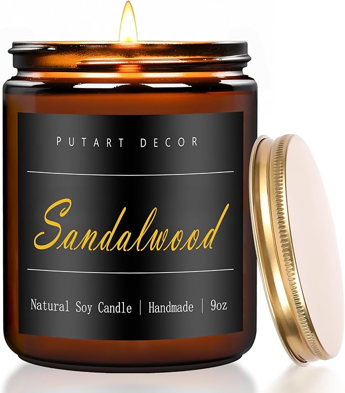 Sandalwood Scented Candles for Home, 9oz Natural Soy Wax Aromatherapy Organic Santal Candle for Stress Relief, Long Burning & Lasting Jar Candle Gifts for Birthday, Housewarmings, Thanksgiving