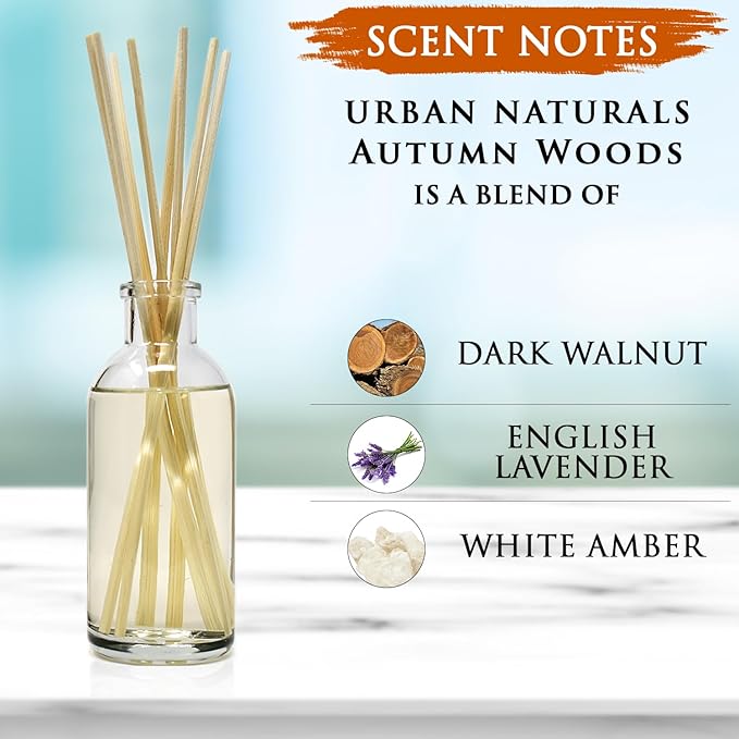 Urban Naturals Autumn Woods Reed Diffuser Set - Dark Walnut, English Lavender and White Amber - A Fresh, Earthy, Woodsy Fall Forage Scent - Made in The USA