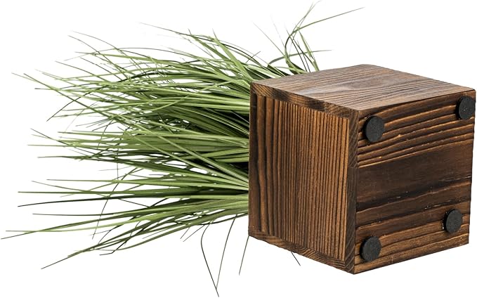 MyGift Artificial Green Grass Plants Trio in Rustic Burnt Solid Wood Planter Boxes, Faux Greenery in Decorative 4 Inch Square Wooden Containers, Set of 3