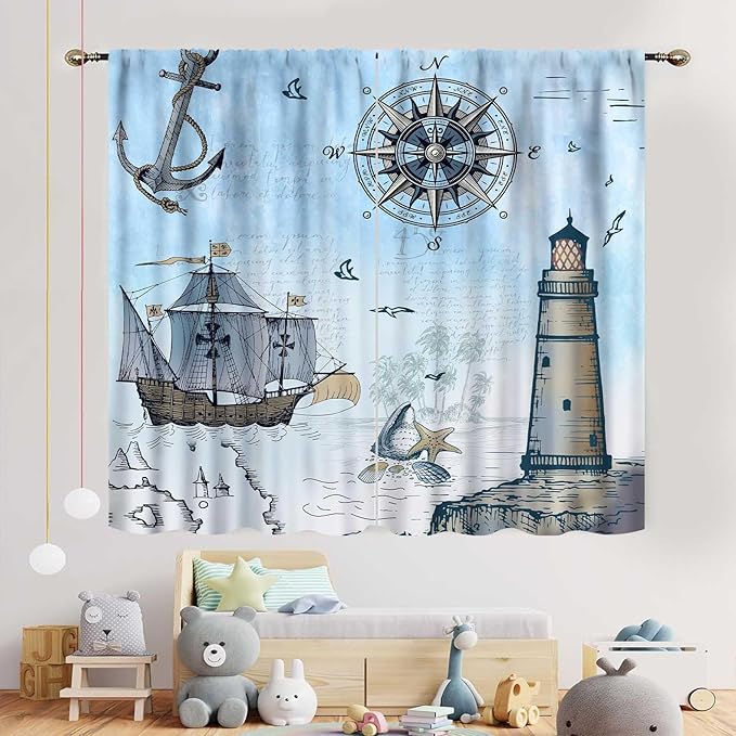 Nautical Curtains, Vintage Marine Coastal Sailboat Compass Anchor Ocean Beach Lighthouse Watercolor Blue Decorative Drapes for Bedroom Living Room Kitchen Bathroom Window 2 Panels Set, 55"x63" Inch