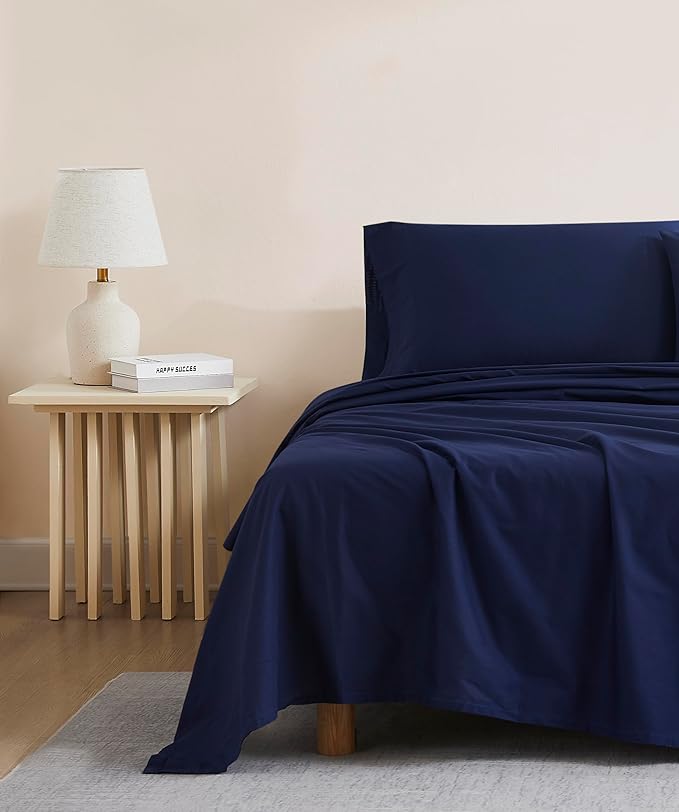 Linen Closet 100% Organic Cotton Twin Sheet 3 Pcs Set, Cotton Sheets with 16” Deep Pocket, Navy | Bed Sheets for College Dorm Essential, Crisp & Breathable, Percale, Comfy, Naturally Cooling