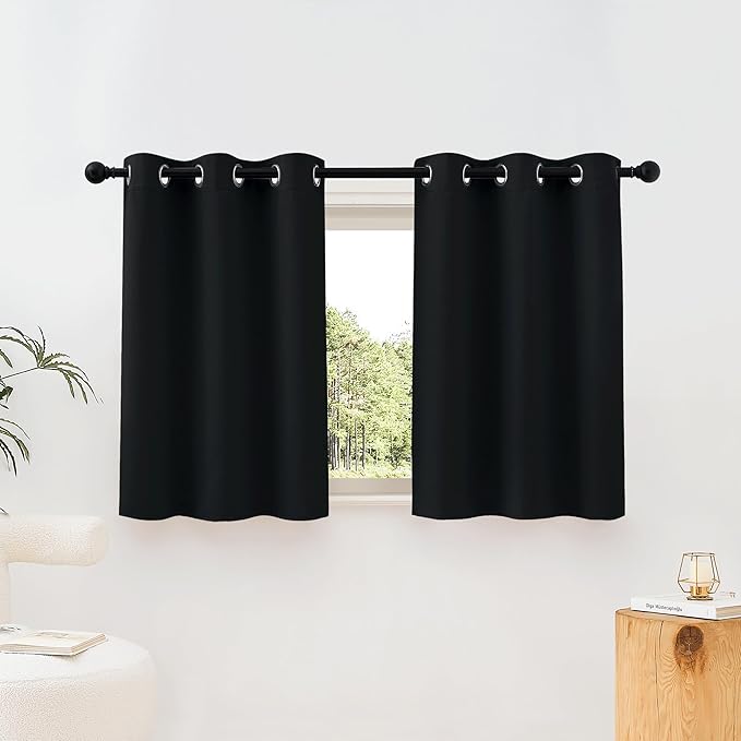 NICETOWN Black Blackout Curtains 30 inch Curtains for Kitchen, Grommet Cafe Curtains Solid Window Treatments Sound Reducing for Bedroom, 2 Panels, W37 x L30, 2 Panels