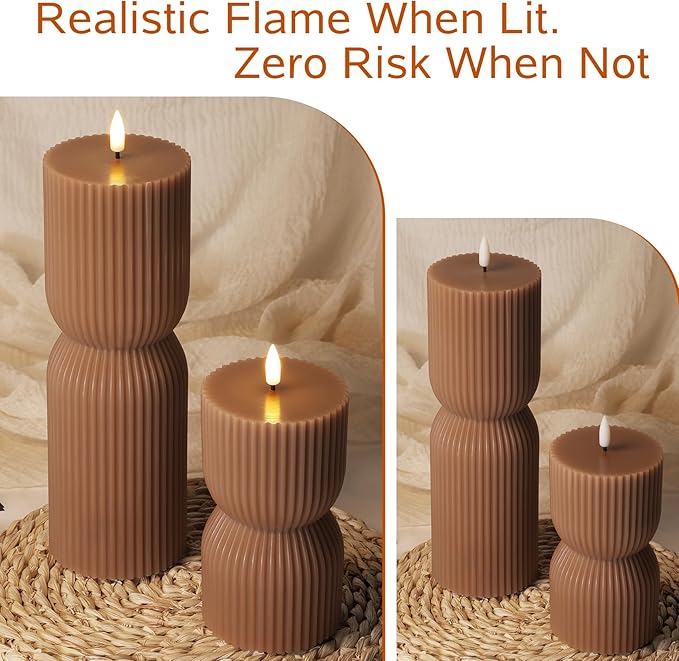 Brown Ribbed Flameless Pillar Candles with Remote, Real Wax Flickering Fall Battery LED Candles Set of 2