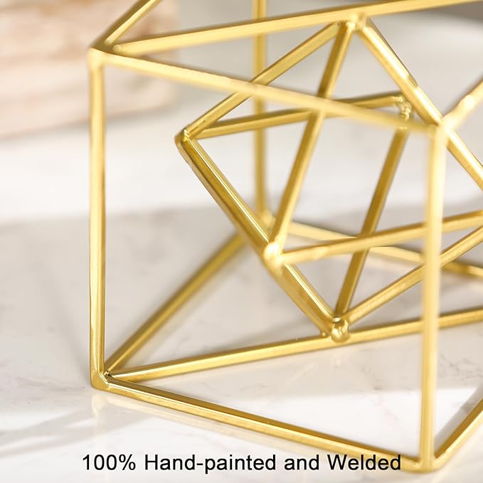 Gold Metal Geometric Sculpture Orb, 4.72" Modern Square Abstract Decorations Objects, Iron Golden Spheres Decorative Balls for Home Office Table Bookshelf Living Room Bedroom Desk Decor