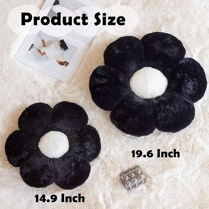 Black Flower Plush Throw Pillow, Cute Decorative Flower Shaped with Faux Rabbit Fur, 19.6" Soft Plush Floor Pillow for Bedroom Living Room