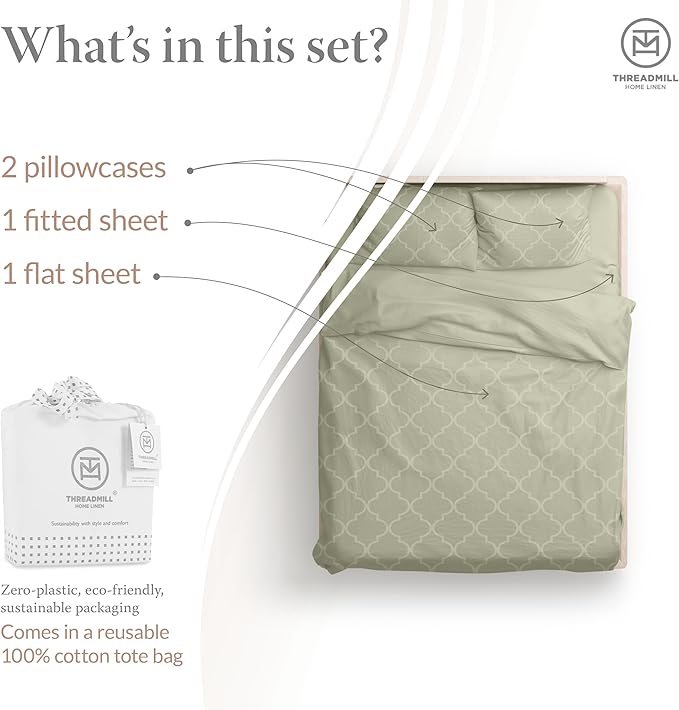 Threadmill Cotton Full Size Sheet Set | 100% Cotton Sheets for Full Size Bed | Damask Jacquard Full Bed Sheets Set with 16” Deep Pocket | Soft Sateen Weave 4-Piece Cooling Bedding Set | Sage