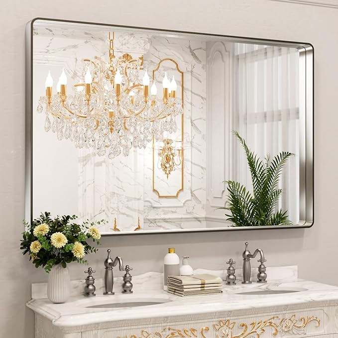LOAAO 60X40 Inch Brushed Nickel Bathroom Mirror, Rounded Rectangle Silver Metal Frame Mirror, Brushed Nickel, Anti-Rust, Shatter Proof, Hangs Horizontally or Vertically