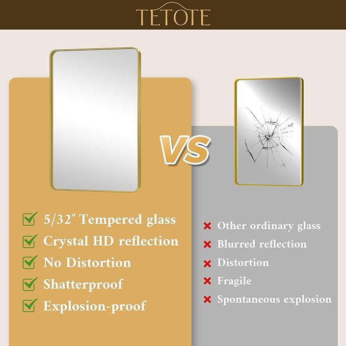 TETOTE Gold Mirrors for Wall 30 x 36 Inch Brushed Gold Bathroom Mirrors, Tempered Glass, Modern Farmhouse Wall Mounted Mirror for Decorative(Horizontal/Vertical)