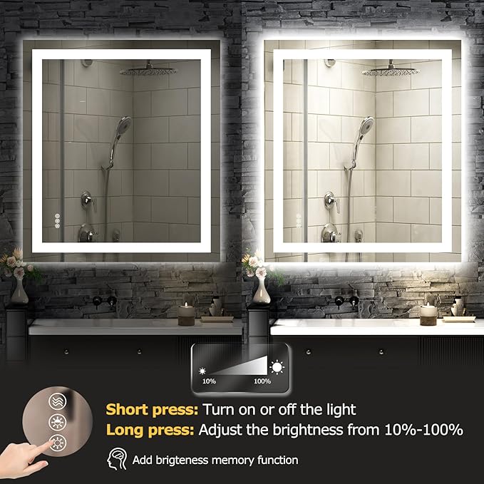 32X36 LED Bathroom Mirror with Lights, Anti-Fog, Dimmable, Backlit + Front Lit, Smart Bathroom Vanity Mirror, Memory Function, Shatterproof, Tempered Glass (Horizontal/Vertical)