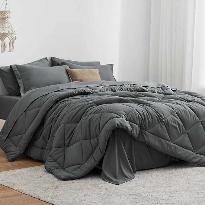 Love's cabin Full Comforter Set Dark Grey, 7 Pieces Full Bed in a Bag, All Season Bedding Sets with 1 Comforter, 1 Flat Sheet, 1 Fitted Sheet, 2 Pillowcase and 2 Pillow Sham