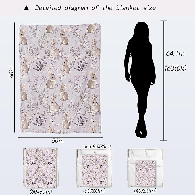 Cute Bunny Blanket - Adorable Rabbit Pastel Lavender Floral Fleece Throw,Gifts for Kids Girls, Soft & Warm,Lightweight, for Modern Rustic Decor, Animal Lovers, and Room Home Accents 40x50in