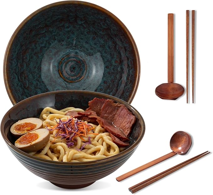 8 Inch Ceramic Ramen Bowl Set of 2, 40oz Japanese Bowls with Spoons & Chopsticks,Durable,Microwave & Dishwasher Safe,Perfect for Ramen,Pho,Salad,Soup,Noodles，Mixing bowls（Verdigris Green）