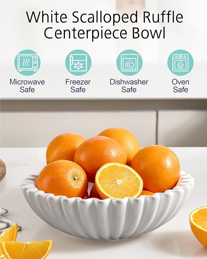 KULEDM Large Decorative Bowl Home Decor - 10in Ceramic White Scalloped Ruffle Fruit Bowl for Kitchen Counter, Dishwasher & Microwave Safe
