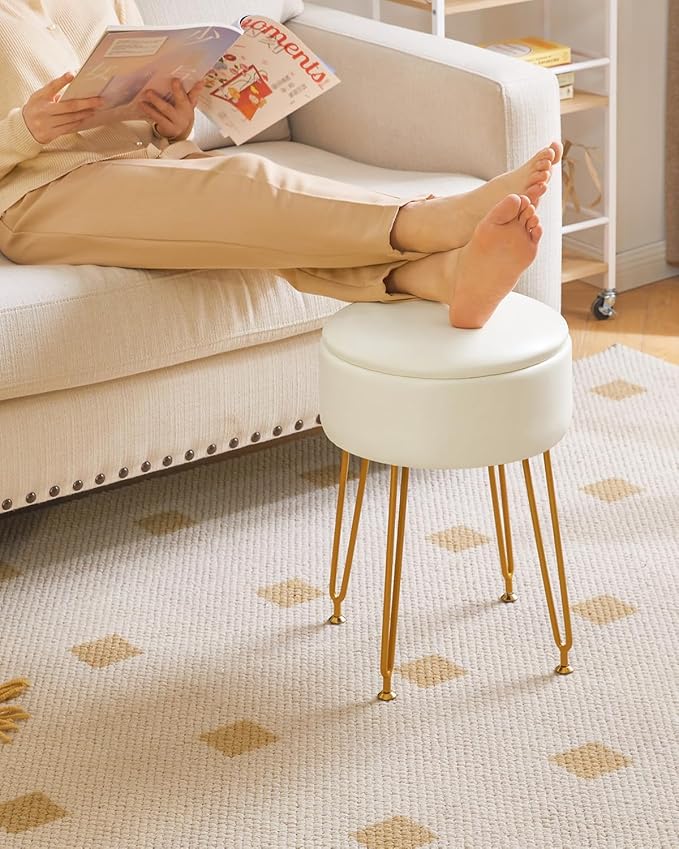 IBUYKE Faux Leather Round Footrest Stool with Storage Ottoman, Makeup Vanity Chair Side Table, PU Dressing Table Seat, Removable Cover, Golden Steel Legs, White WBD024W
