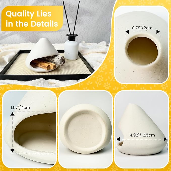 Handcrafted Natural Clay Smudge Pot-Mini Chimenea Incense Holder for Sage, Copal & Palo Santo-Aromatherapy Burner with Unique Design-Perfect Anxiety Relief Gift for Women, Zongzi Style, White