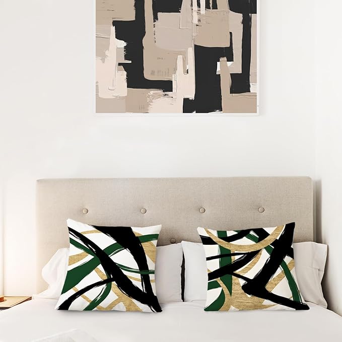 Black Gold and Green Pillow Covers, Abstract Black and Gold Pillow Covers 24x24 Set of 2, Modern Boho Decorative Throw Pillows Cover for Couch Bed Living Room