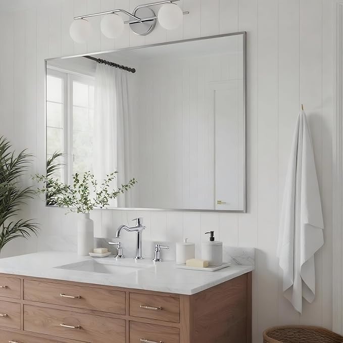 30x40 Inch Nickel Bathroom Mirror for Wall, Aluminum Frame Rectangle Rectangular Vanity Mirror, Modern Large for Bedroom, Living Room, Horizontal or Vertical