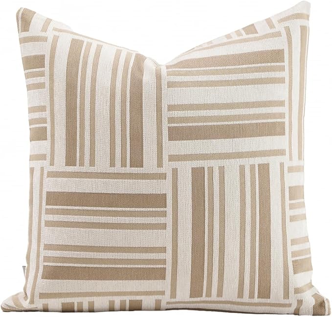 Premium Throw Pillow Covers 18x18 Inches - Oatmeal Mosaic Block Grid Chenille Jacquard Embroidery Decorative Couch Pillow Covers for Living Room Bedroom Sofa Home Décor