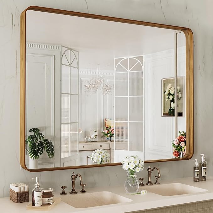 LOAAO 48X36 Inch Bathroom Mirror with Wood Grain Colored Metal Frame, Rounded Rectangle Metal Framed Bathroom Mirror, Anti-Rust, Hangs Horizontally or Vertically, Tempered Glass