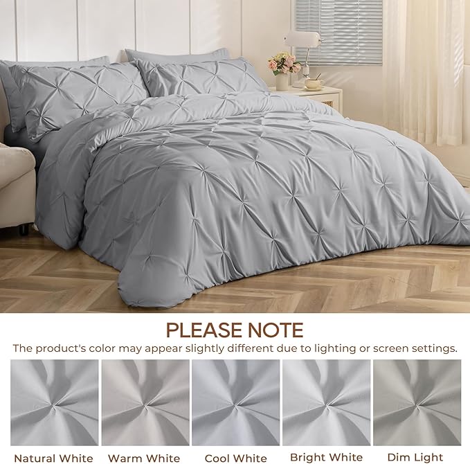 Sasttie Twin Comforter Set, 5-Piece Bed in a Bag, Pintuck Bedding Sets for All Season, Includes Comforter, Flat Sheet, Fitted Sheet, Pillowcase and Pillowsham, Light Grey