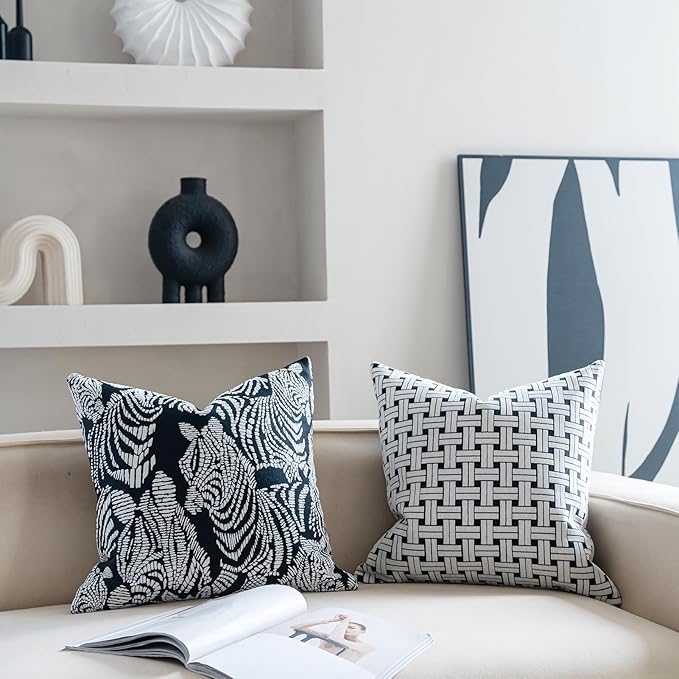 Premium Throw Pillow Covers 22x22 Inches - Black Interlaced Weave Grid Chenille Jacquard Embroidery Decorative Couch Pillow Covers for Living Room Bedroom Sofa Home Décor