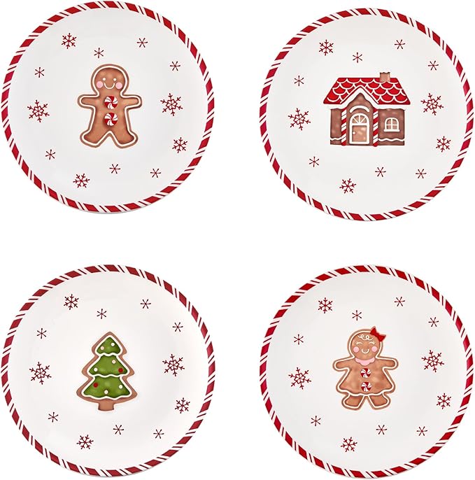 Bico Traditional Christmas Gingerbread Man Ceramic 8.75 inch Holiday Salad Plates Set, Set of 4, for salad, appetizer, tapas, Microwave and Dishwasher Safe, Scratch Resistant