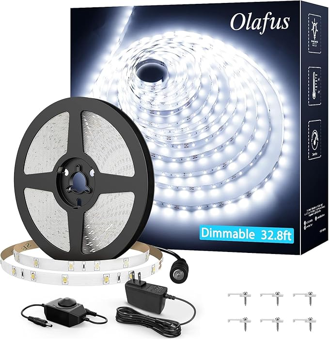Olafus White LED Strip Lights, 32.8ft Dimmable Vanity Light, 6000K Daylight White LED Tape Lights with UL Listed Adapter, 12V 600 LEDs for Bedroom Kitchen TV Mirror Stair