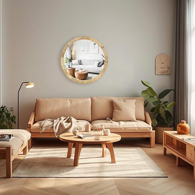 Rattan Round Wall Mirror, 28in Rattan Mirror for Wall, Rattan Frame Boho Mirror for Farmhouse Bedroom Checkroom Livingroom Decor (Natural Rattan)