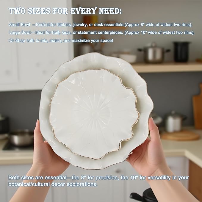 Small White Lotus Ceramic Decorative Bowl,Ruffle Lotus Leaf Decor Bowl with Gold Trim for Coffee Table Counter,Beautifully Catch All Bowl for Keys Coins near Entryways,Capacity about 2 Cups