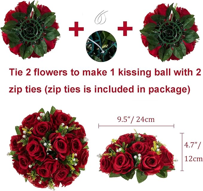 BLOSMON Flower Centerpieces Decoration for Table: 2 Pcs Burgundy & Dusty Rose & Creamy White Fake Roses Kissing Flower for Wedding - Artificial Silk Floral Arrangements Home Party DIY Decoration