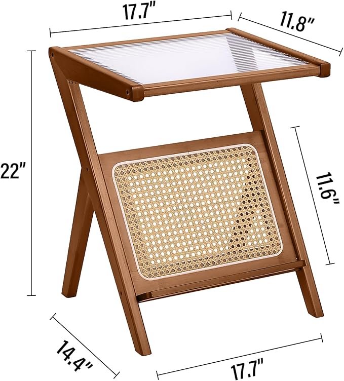 Tiita 2 Pack Rattan Side Table, Mid Century Nightstand, Bamboo Accent Bedside Tables, Glass Coffee Tables, Boho Wooden End Table with Storage for Small Space, Living Room and Bedroom