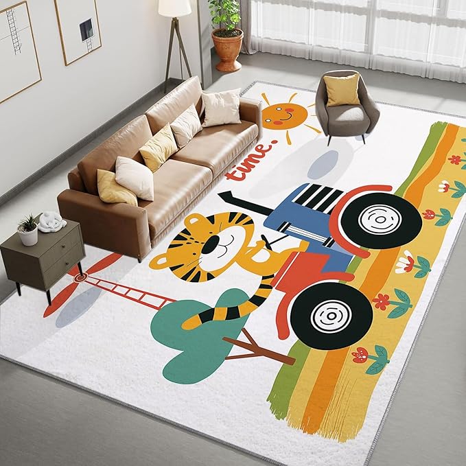 Washable Area Rug 2x3 ft Cartoon Farm Tiger Tractor Area Rug for Living Room, Soft Low Pile Rugs, Non-Slip Carpet, Home Decor Floor Rug for Bedroom Dining Room Kitchen