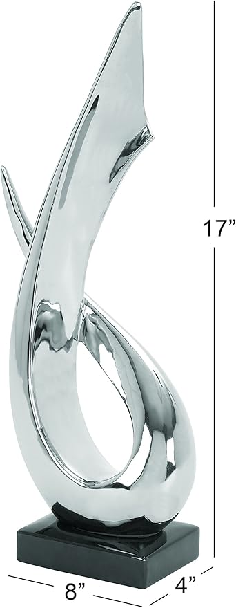 Deco 79 Porcelain Ceramic Abstract Decorative Sculpture Home Decor Statue with Black Base, Accent Figurine 8" x 4" x 17", Silver
