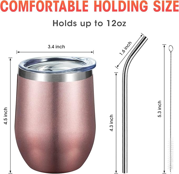 COMOOO 12oz Wine Tumbler with Lid and Straw, Insulated Wine Tumbler Cup, Stainless Steel Wine Glass Tumbler Stemless for Hot and Cold Drinks,Champagne,Cocktails, For Women, Rose gold