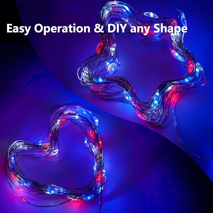 Christmas Fairy Lights Decorations, 4-Pack Red White and Blue Battery Operated Lights with Timer, Waterproof 16FT 50 LED String Light Indoor Outdoor for Xmas Tree Party Home Memorial Day DIY Decor